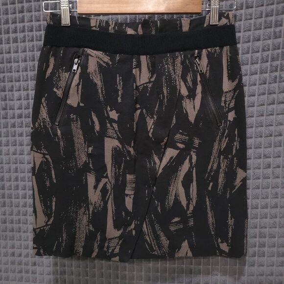 Y2K Vera Wang Knee Skirt Sz6 28W 90s Punk Rock Grunge Camo Zippers Black Brown - Picture 1 of 12
